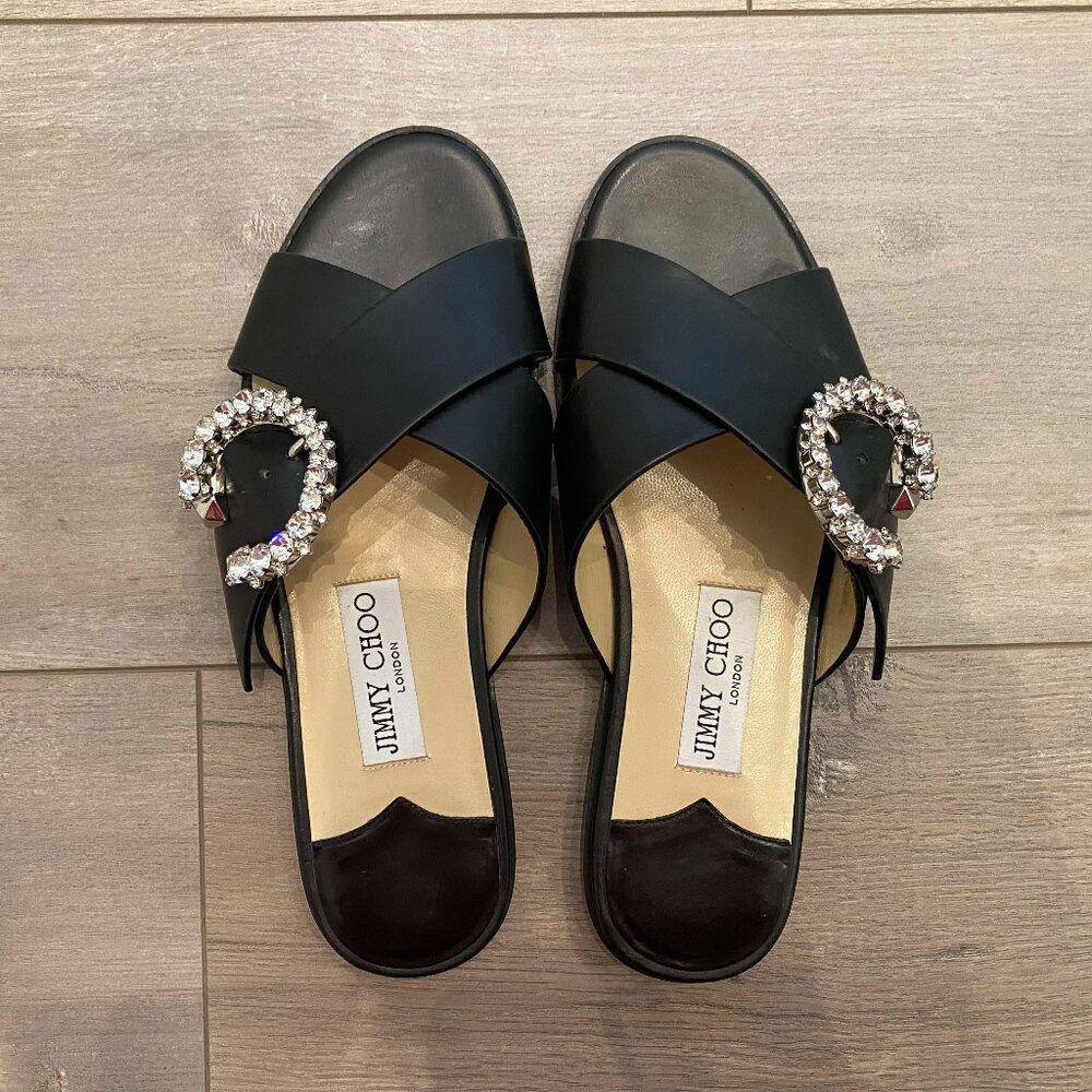 Jimmy Choo Black Sandals with Crystal Buckle